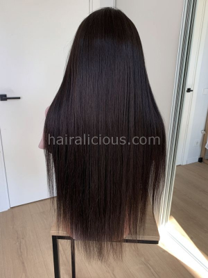 Back view of a straight wig made from single drawn hair.