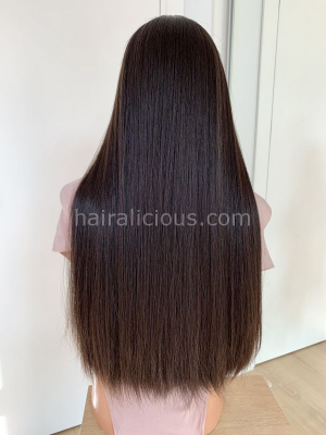 Back view of a straight wig made from double drawn hair.